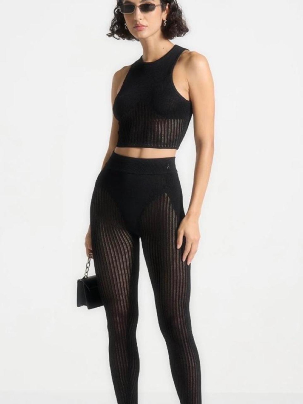 Maniere De Voir Set- Black Ribbed Sheer High-Waist Leggings with Matching Top
